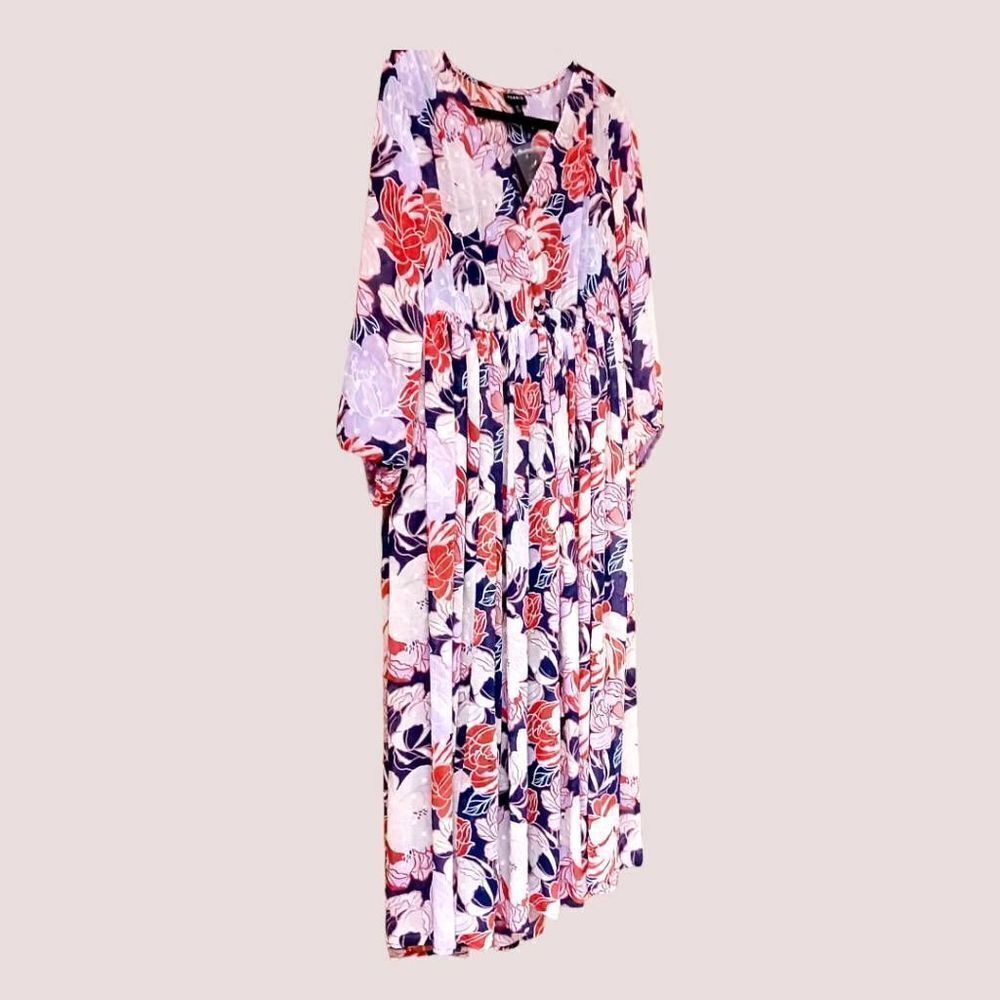 TORRID NEW Navy Floral Swiss Dot Button down Tea- Length Dress. - Picture 6 of 16